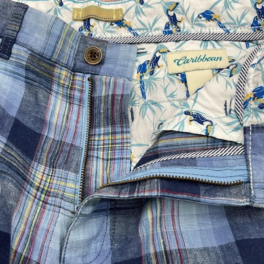 Caribbean large plaid flat front linen cotton shorts 32
